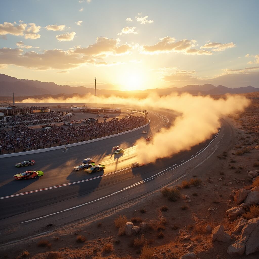 NASCAR weekend at Las Vegas Motor Speedway during golden hour with racing cars in motion and dusty desert landscape