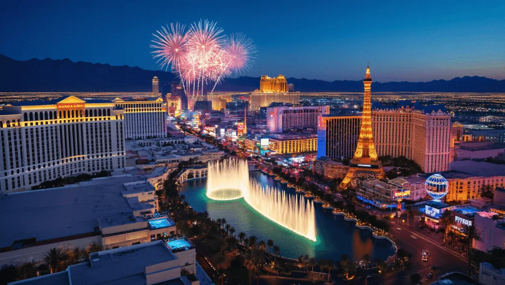 Las Vegas in May: Your Ultimate Guide to Desert Thrills and Scorching Entertainment "Aerial view of the vibrantly lit Las Vegas Strip at night, featuring the Bellagio fountains, EDC festival fireworks, pool parties on hotel rooftops, palm trees, and the contrasting desert landscape."