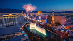 Las Vegas in May: Your Ultimate Guide to Desert Thrills and Scorching Entertainment "Aerial view of the vibrantly lit Las Vegas Strip at night, featuring the Bellagio fountains, EDC festival fireworks, pool parties on hotel rooftops, palm trees, and the contrasting desert landscape."