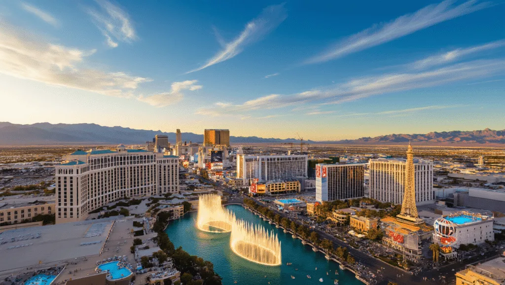 "Panoramic aerial view of Las Vegas Strip during golden hour, showing bustling pool parties, performing Bellagio fountains, illuminated cityscape, and the contrast with the serene desert mountains sprinkled with spring wildflowers."