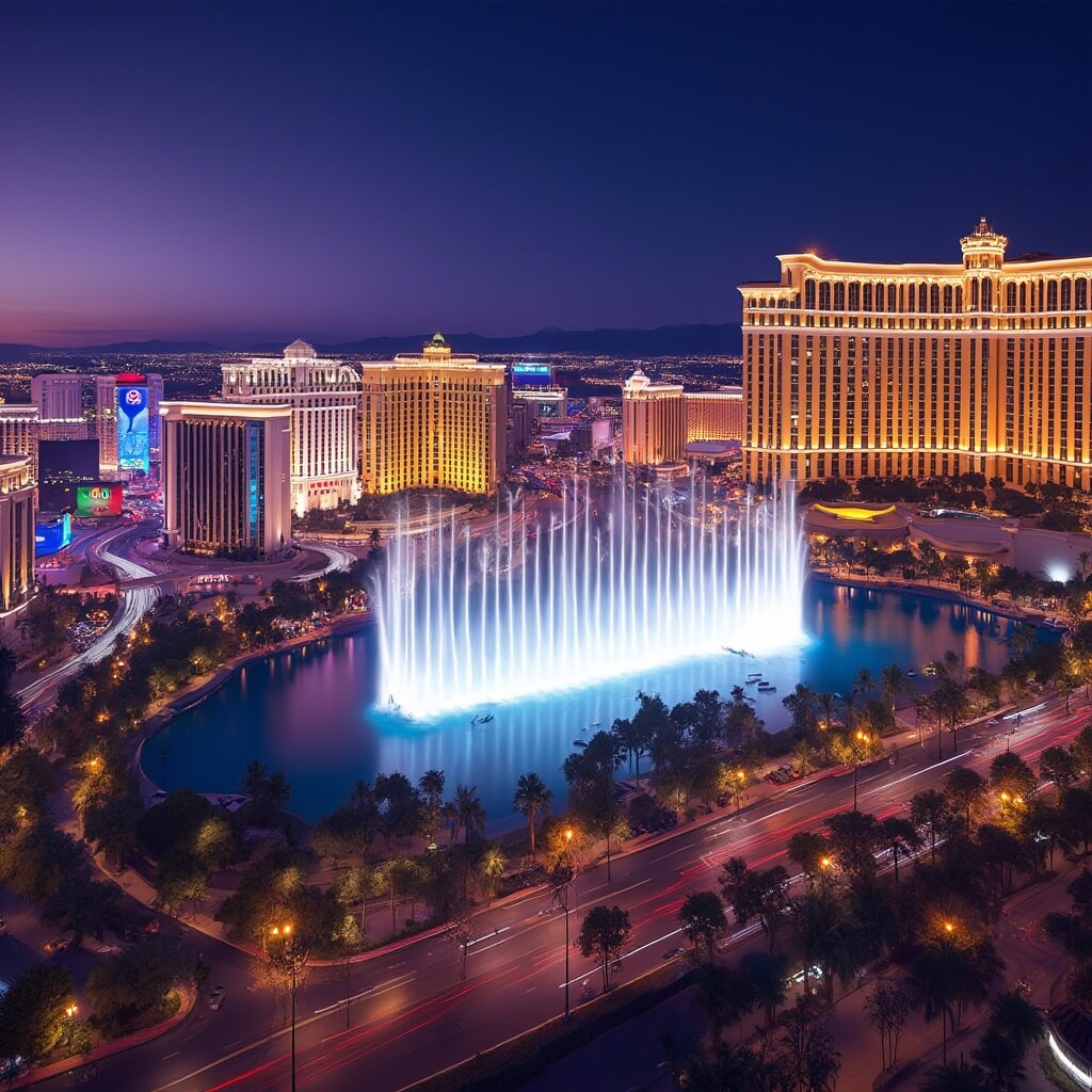 Nighttime view of the Las Vegas Strip with illuminated luxury hotels, neon lights, LED screens, Bellagio fountains in action, and street lined with palm trees and reflective vehicle lights