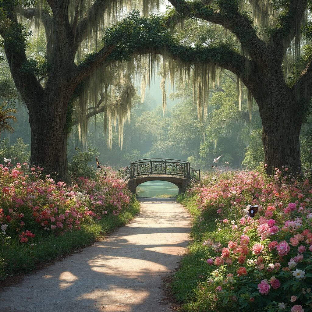 Springtime scene at Harry P. Leu Gardens with blooming azaleas, camellias, oak trees with Spanish moss, butterflies over flower beds, small ornate bridge and a peaceful pond