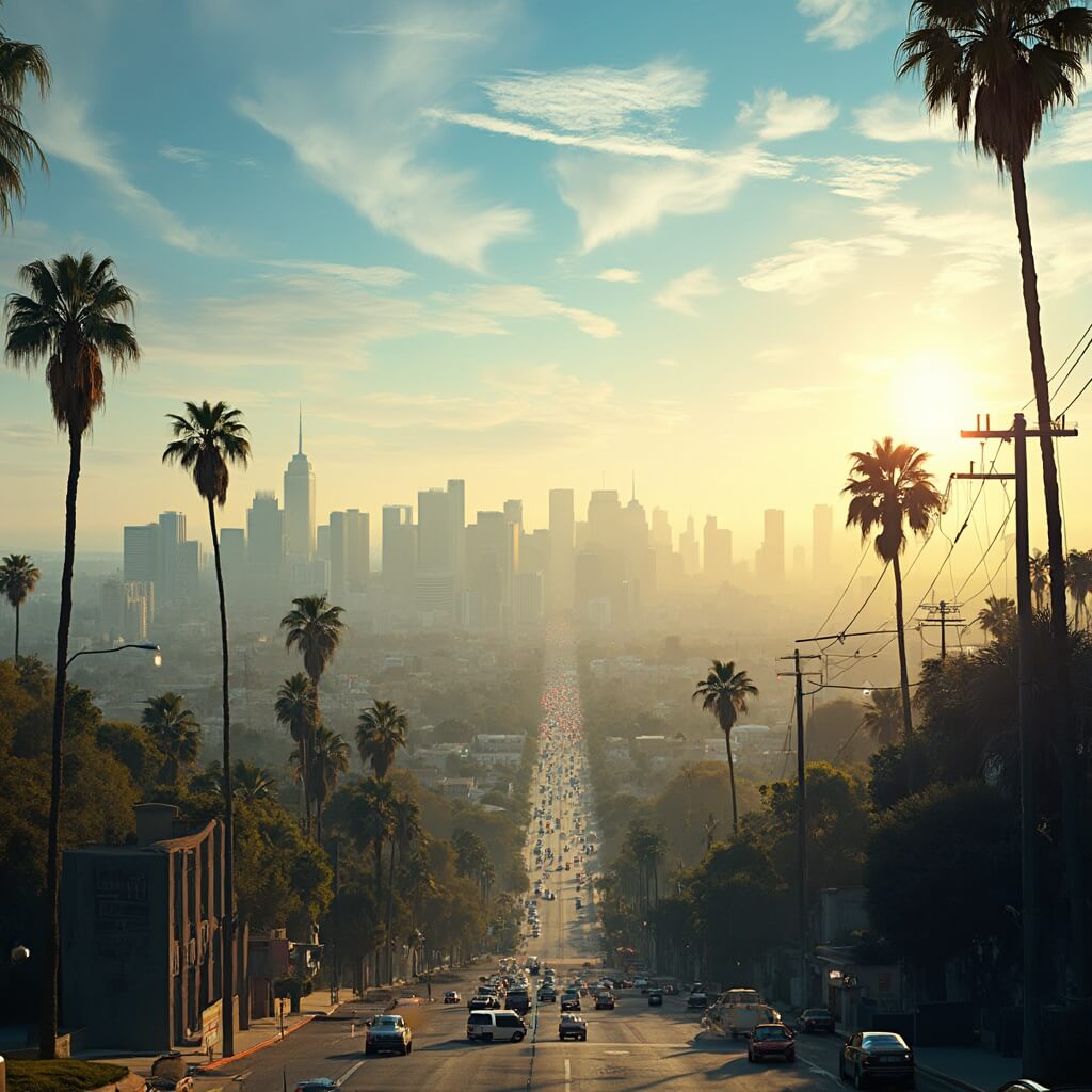 Golden hour view of Los Angeles cityscape featuring palm trees, Hollywood sign, downtown skyscrapers under a clear blue sky with wispy clouds