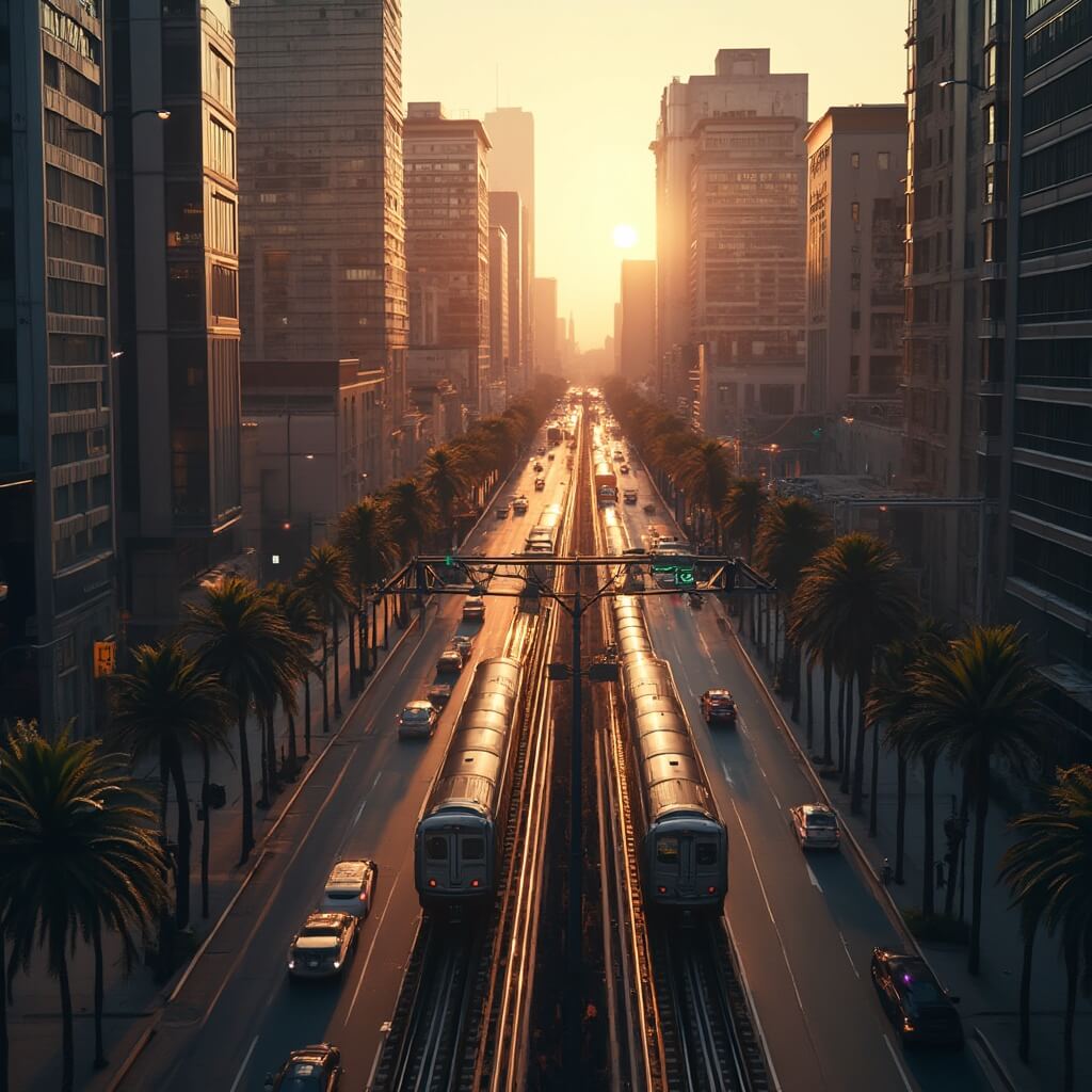 Downtown Los Angeles at dusk with Metro Rail, modern skyscrapers, reflection of sunset on buildings, palm tree-lined boulevards and moving trains in a photorealistic style