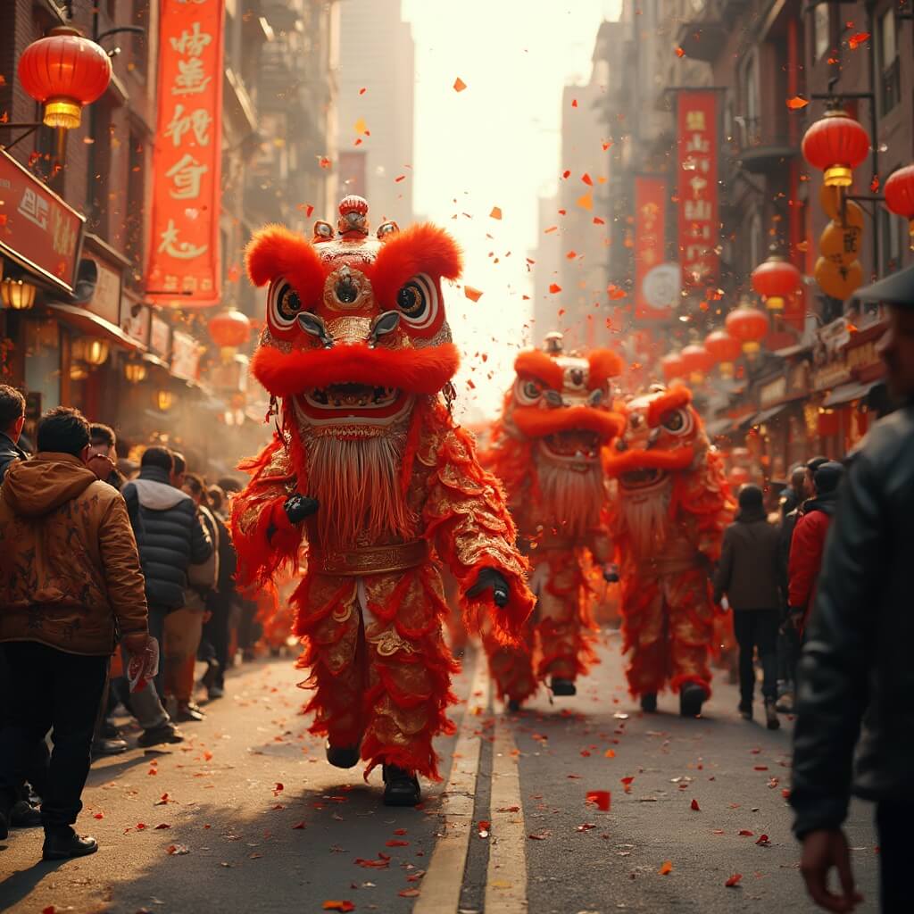 Lunar New Year parade in NYC Chinatown featuring dragon dancers, red and gold decorations, mid-air confetti, and a diverse crowd, under warm afternoon light in hyperrealistic documentary photography style