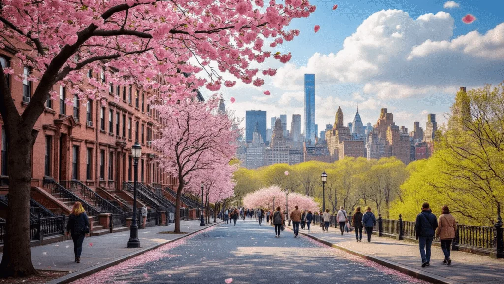 "Manhattan cityscape in spring with blooming cherry blossoms, brownstone buildings, and pedestrians enjoying the day, Central Park visible in the background"