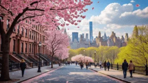 "Manhattan cityscape in spring with blooming cherry blossoms, brownstone buildings, and pedestrians enjoying the day, Central Park visible in the background"