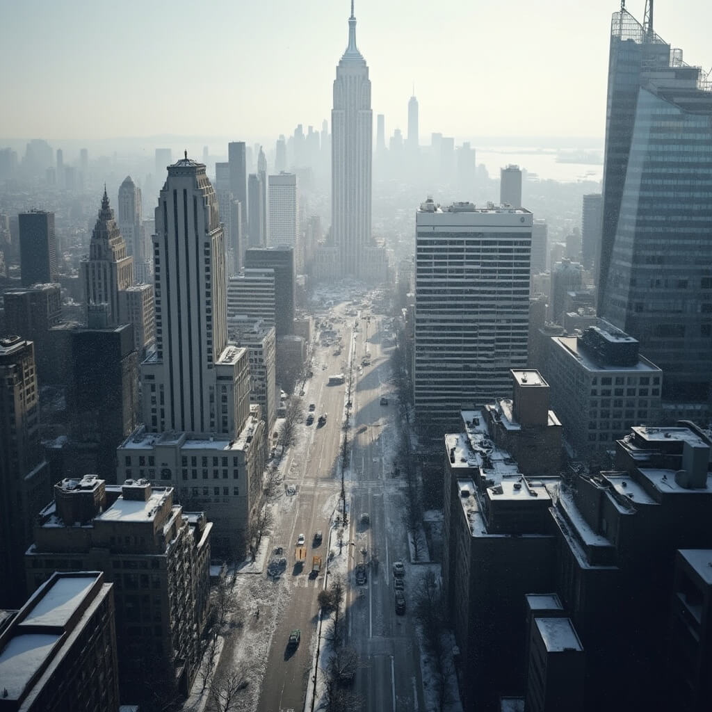 Aerial view of Manhattan with snow-covered skyscrapers and empty streets in a soft winter light