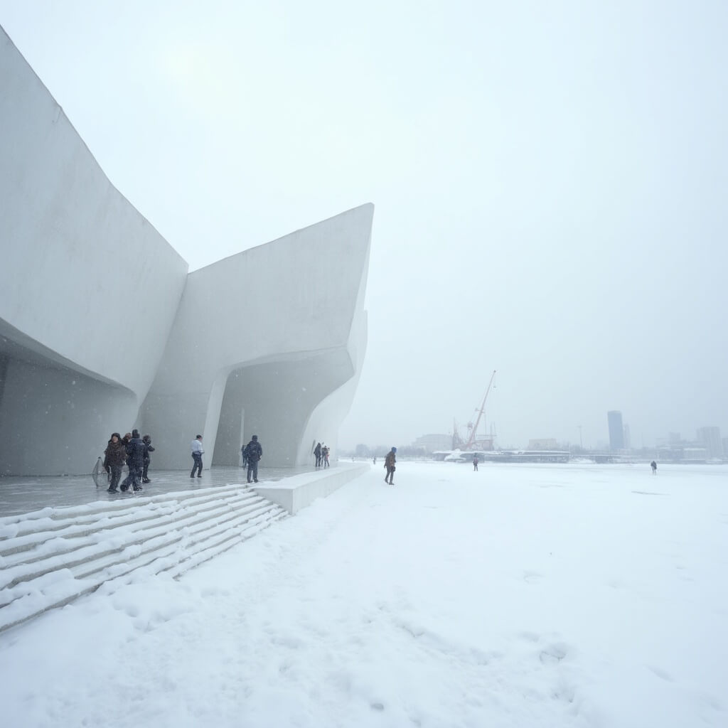 Photorealistic image of Milwaukee Art Museum's angular white architecture against an overcast winter sky, with snow-covered ground and frozen Lake Michigan in the background