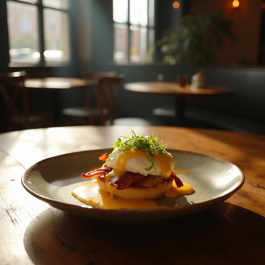 Maple-bacon benedict breakfast served on a ceramic plate in a sunlit Milwaukee cafe with rustic interior design