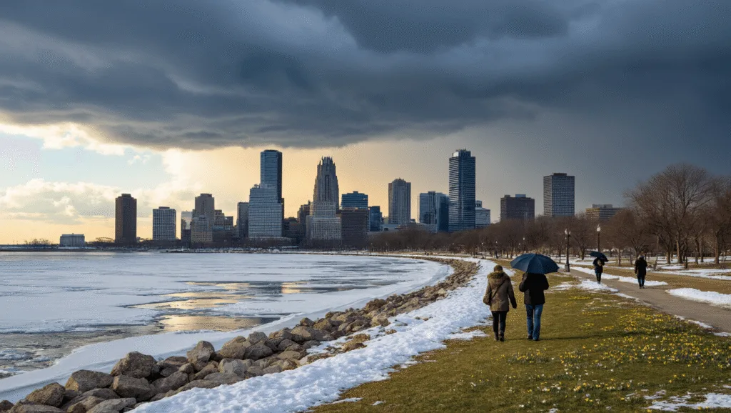 "Dramatic cityscape of Milwaukee during March transition with partially opened Milwaukee Art Museum wings, storm clouds, breaking sunlight, icelake, melting snow, emerging spring grass, people with umbrellas, and a contrast of winter and spring elements."