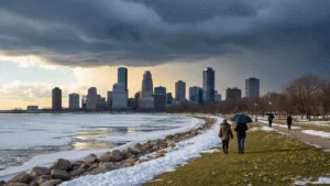 "Dramatic cityscape of Milwaukee during March transition with partially opened Milwaukee Art Museum wings, storm clouds, breaking sunlight, icelake, melting snow, emerging spring grass, people with umbrellas, and a contrast of winter and spring elements."