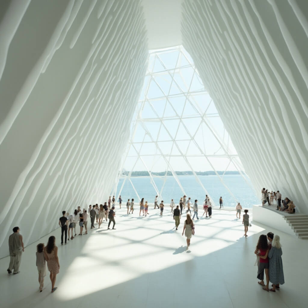 Bustling interior of Milwaukee Art Museum featuring large white angular walls, people observing art, minimalist design, and views of Lake Michigan through massive windows