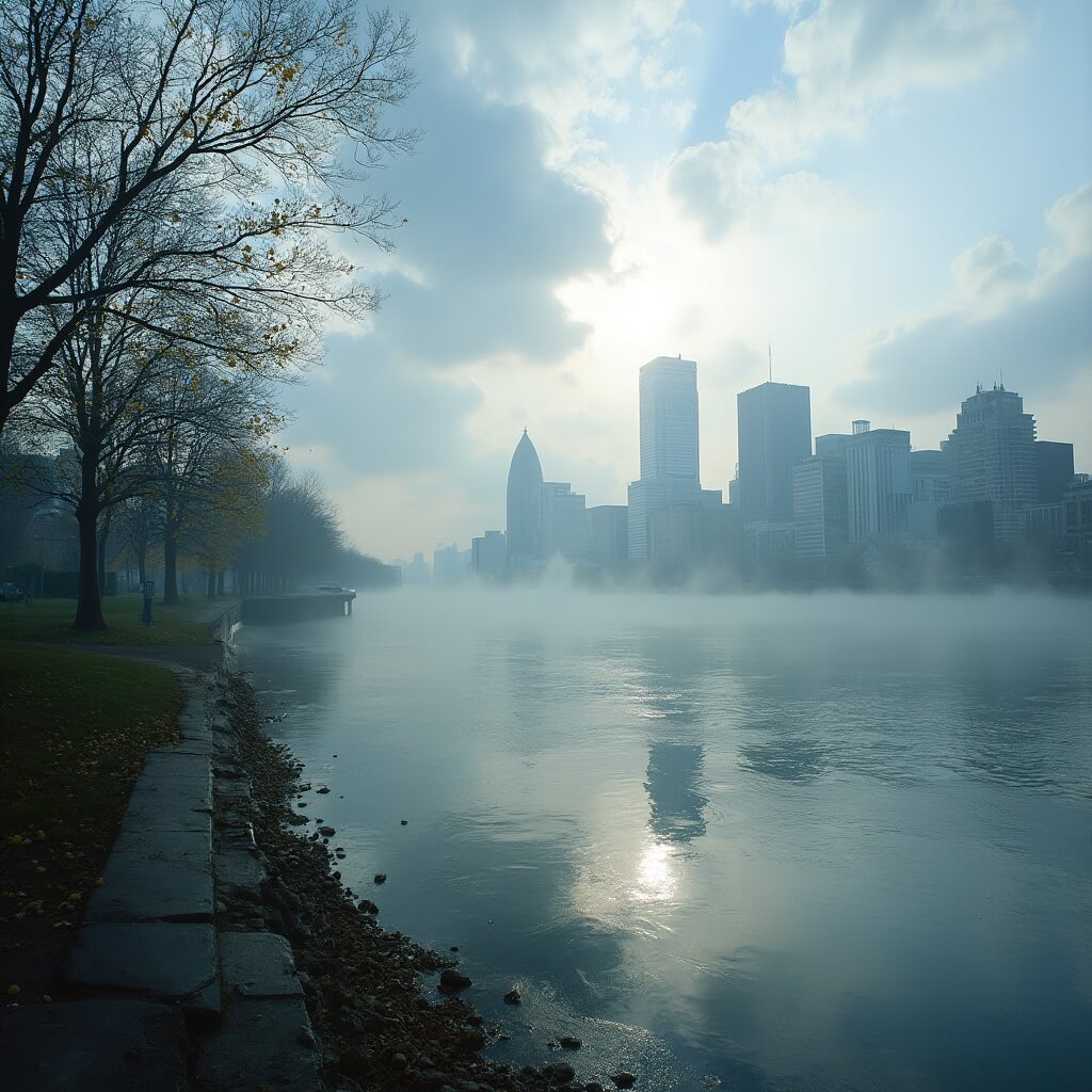 Dramatic early spring landscape of Milwaukee cityscape with misty lakefront, bare to budding trees, soft morning light, mixed architecture, low-hanging clouds, blue sky patches, and wet streets reflecting buildings