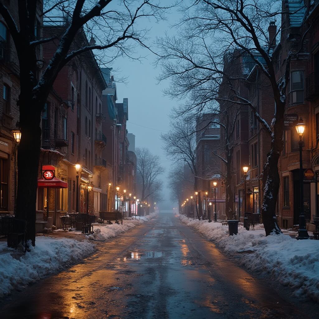 Dusk view of Milwaukee's Third Ward district in spring thaw, with historic brick buildings, melting snow on cobblestone streets reflecting street lights, bare trees and budding spring foliage, and misty Lake Michigan in the background