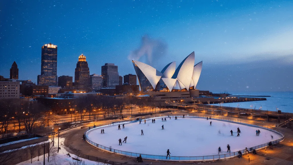 "Downtown Milwaukee skyline at dusk with a snowfall, featuring Milwaukee Art Museum, Red Arrow Park's ice skate rink, Lake Michigan, and the Hop streetcar."