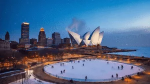 "Downtown Milwaukee skyline at dusk with a snowfall, featuring Milwaukee Art Museum, Red Arrow Park's ice skate rink, Lake Michigan, and the Hop streetcar."