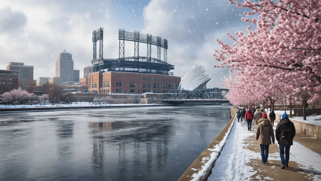 "Photorealistic rendering of Milwaukee cityscape featuring transitions between winter and spring with contrastive elements like snow flurries and cherry blossoms, people in mixed seasonal clothing strolling by the Milwaukee River, American Family Field baseball stadium, and the half-snow-covered Milwaukee Art Museum with its wing-like architecture, under parting clouds revealing a blue sky."