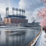 "Photorealistic rendering of Milwaukee cityscape featuring transitions between winter and spring with contrastive elements like snow flurries and cherry blossoms, people in mixed seasonal clothing strolling by the Milwaukee River, American Family Field baseball stadium, and the half-snow-covered Milwaukee Art Museum with its wing-like architecture, under parting clouds revealing a blue sky."