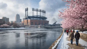 "Photorealistic rendering of Milwaukee cityscape featuring transitions between winter and spring with contrastive elements like snow flurries and cherry blossoms, people in mixed seasonal clothing strolling by the Milwaukee River, American Family Field baseball stadium, and the half-snow-covered Milwaukee Art Museum with its wing-like architecture, under parting clouds revealing a blue sky."