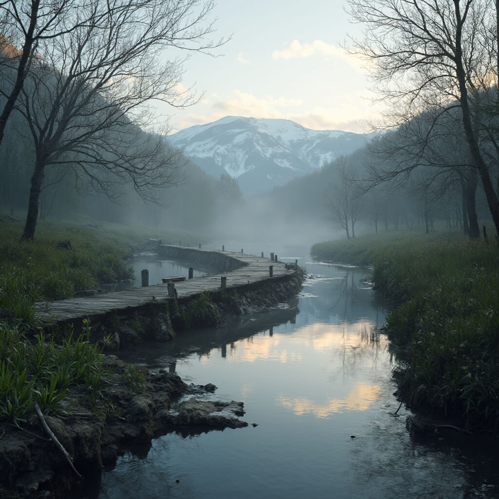 Serene Catskills mountain landscape at dawn with misty stream, budding trees, a wooden fishing pier, melting snow patches on distant peaks, and fresh green shoots on forest floor, in a photorealistic style with cinematic lighting