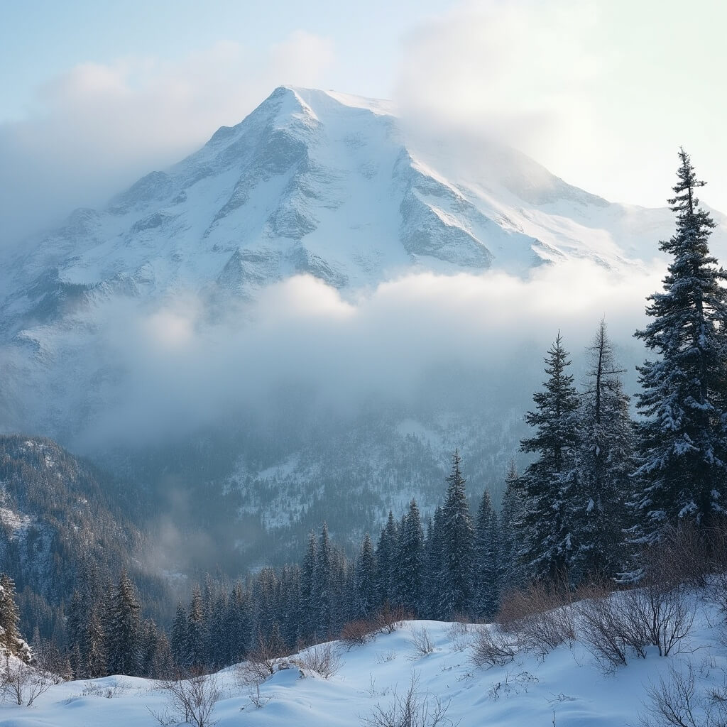 Misty, snow-covered slopes of Mount Rainier with partially bare evergreen trees in soft morning light, low clouds around mountain peaks indicating transition from winter to spring
