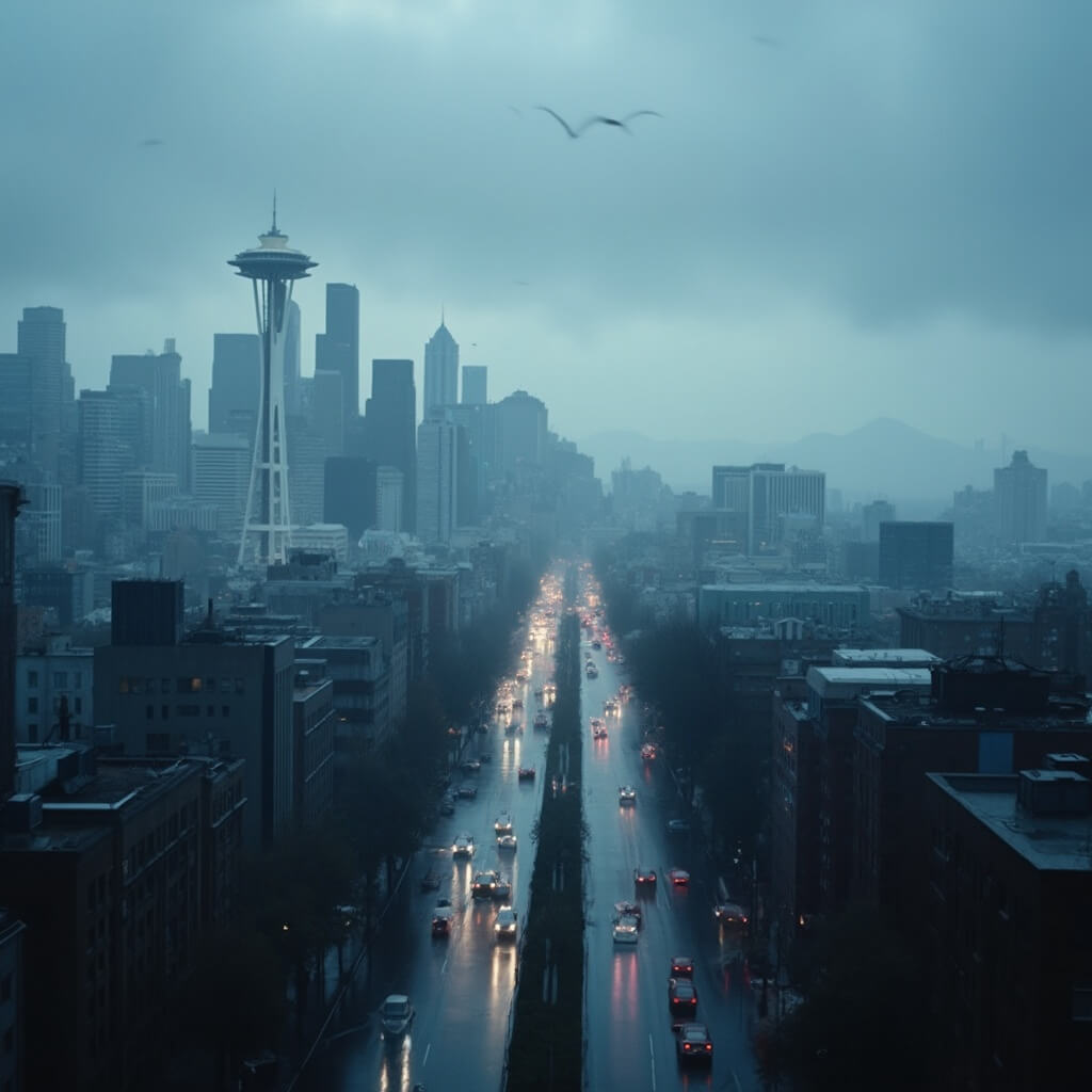 Misty dawn over Seattle cityscape with Space Needle emerging from low clouds, reflecting muted lights from rain-slicked streets with cool blue and gray colors