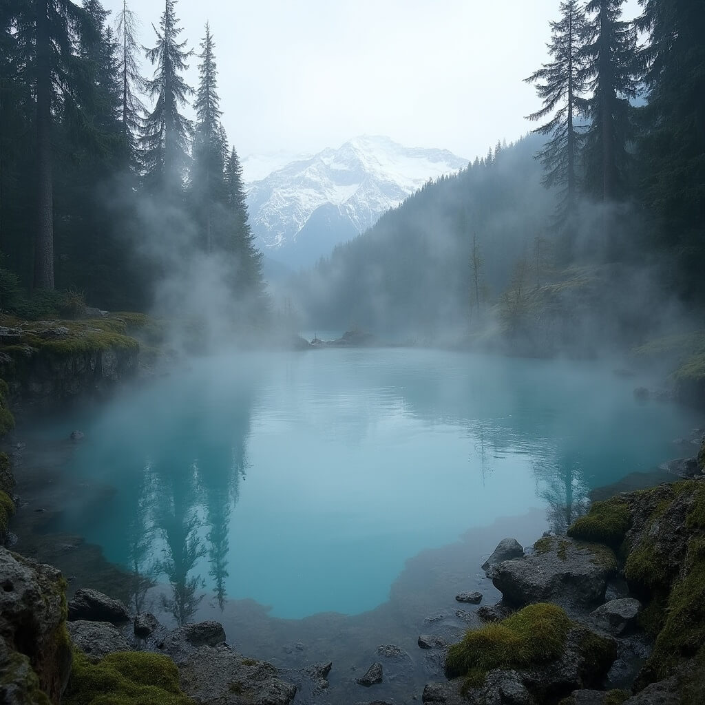 Misty Sol Duc Hot Springs pool in Olympic National Park surrounded by evergreens, with steam rising from the mineral waters, snow-capped mountains in the background, sunlight filtering through trees, and moss-covered rocks around the pool