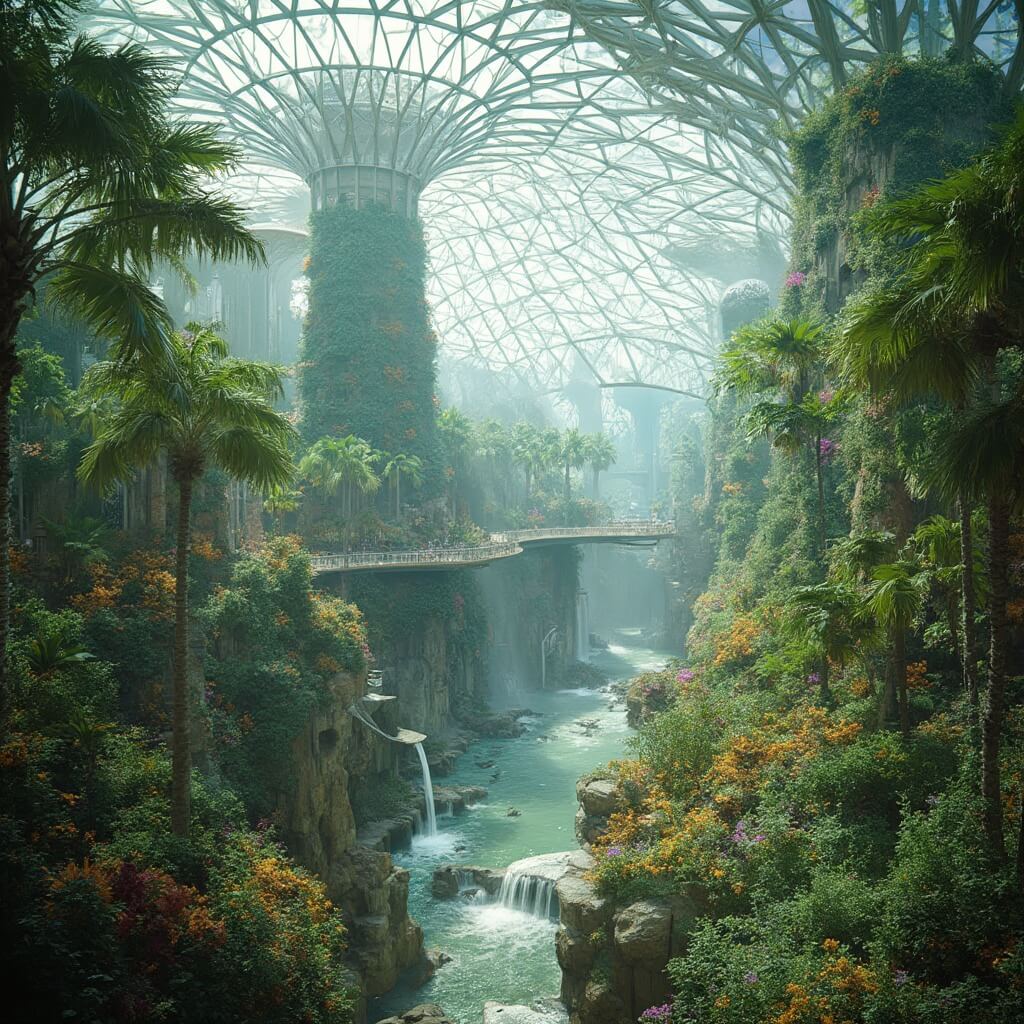 Interior view of Mitchell Park Domes featuring a tropical biodome with palm trees, exotic flowers, waterfalls, winding pathways, and mist under natural light filtering through the geometric glass dome