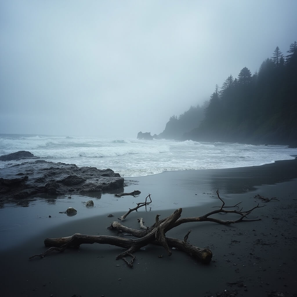Moody overcast scene at Kalaloch Beach with wild Pacific waves, scattered driftwood, and distant silhouette of coastal rainforest