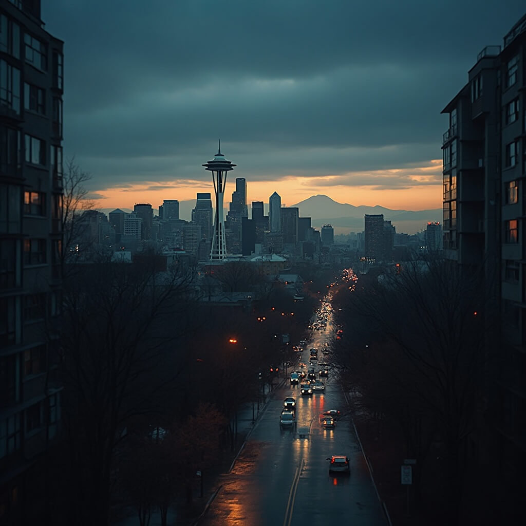 Silhouette of Space Needle and downtown Seattle against a sunset sky, with reflections on rain-wet pavement