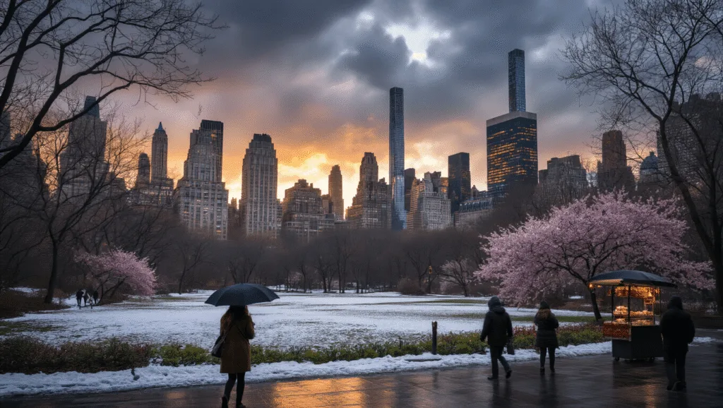 "New York Cityscape at dusk in March, featuring Central Park with begun cherry blossoms and melting snow, busy pedestrians, street vendors, and lit-up Manhattan skyscrapers under a stormy sunset sky."