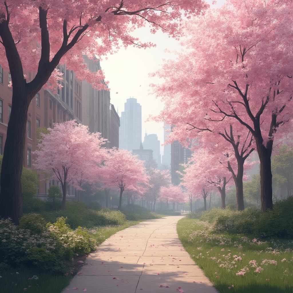 Early spring morning in Brooklyn Botanic Garden with cherry blossom trees, scattered pink petals, emerging green grass, and misty brownstone buildings in the background