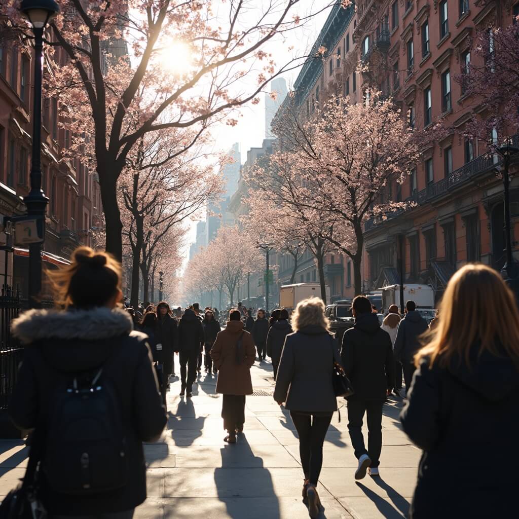 Diverse group of individuals walking in New York City's vibrant urban street adorned with blooming trees and classic brownstone buildings in April, showcasing the city's energy awakening from winter