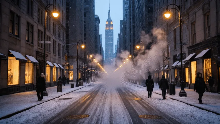 "Twilight view of snowy Fifth Avenue in Manhattan with Empire State Building in background, few pedestrians walking by shops, steam from manholes, and golden street lights illuminating falling snowflakes."