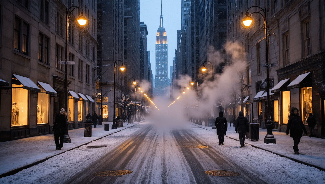 "Twilight view of snowy Fifth Avenue in Manhattan with Empire State Building in background, few pedestrians walking by shops, steam from manholes, and golden street lights illuminating falling snowflakes."