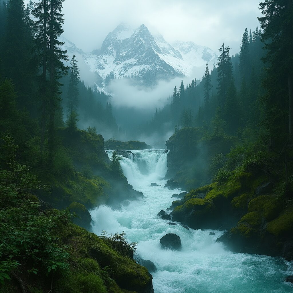 Dramatic Pacific Northwest landscape showing a waterfall, moss-covered rocks, emerald forests, snow-capped Olympic Mountains, and sunlight breaking through misty clouds