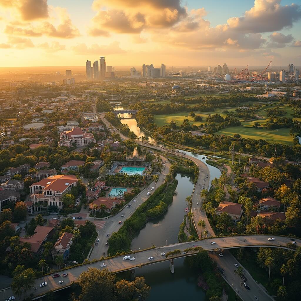 Aerial view at sunset of Orlando's International Drive with blooming gardens, palm trees, modern hotels, shuttles, theme parks, golf courses, and waterways.