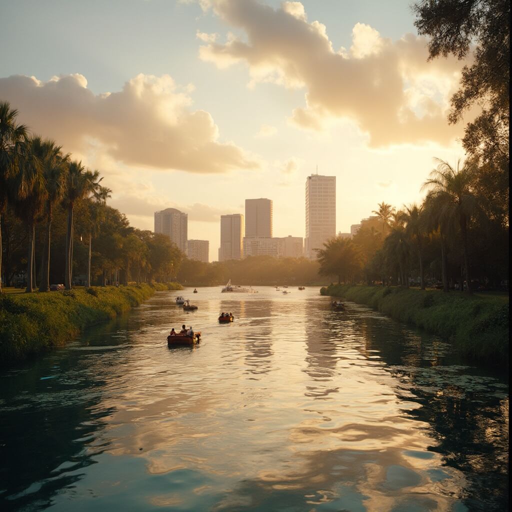 Pristine Orlando cityscape at sunset featuring Lake Eola with paddle boats, downtown skyscrapers, silhouetted palm trees, and reflection in clear water.