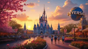 "Panoramic view of Orlando featuring Disney Castle and Universal Studios silhouetted against a sunset sky, with festival crowds, spring blooms, and garden displays amidst a golden hour glow"