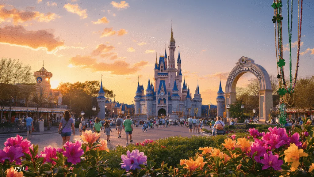 "Orlando cityscape at sunset featuring Disney Castle and Universal Studios, blooming spring flowers, park visitors in light attire, Mardi Gras and St. Patrick's day decorations, with a temperature gauge showing 75°F."