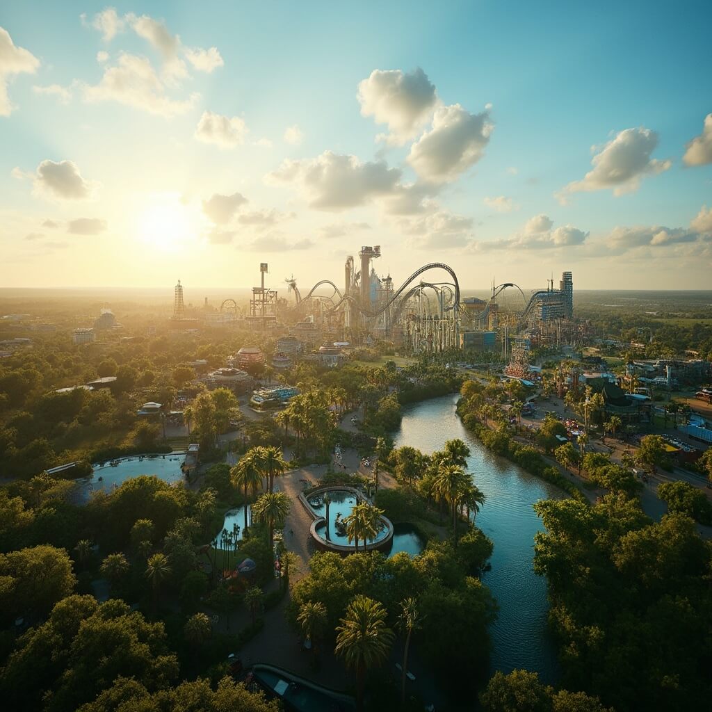 Aerial view of Orlando theme park with roller coasters amidst palm trees during golden hour