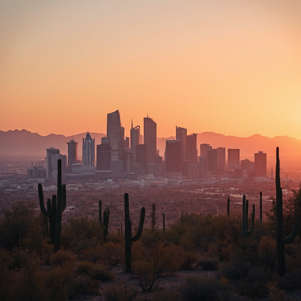 Phoenix city skyline at sunset with modern geometric architecture, surrounded by mountains and desert landscape with saguaro cacti