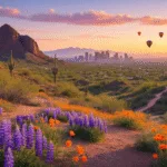 "Panoramic view of Phoenix's desert landscape featuring Camelback Mountain, blooming wildflowers, saguaro cacti, city skyline in soft sunlight, hiking trails, and hot air balloons at golden hour in April."