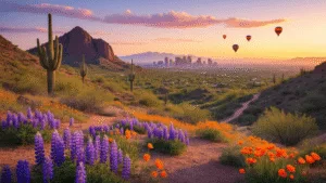 "Panoramic view of Phoenix's desert landscape featuring Camelback Mountain, blooming wildflowers, saguaro cacti, city skyline in soft sunlight, hiking trails, and hot air balloons at golden hour in April."