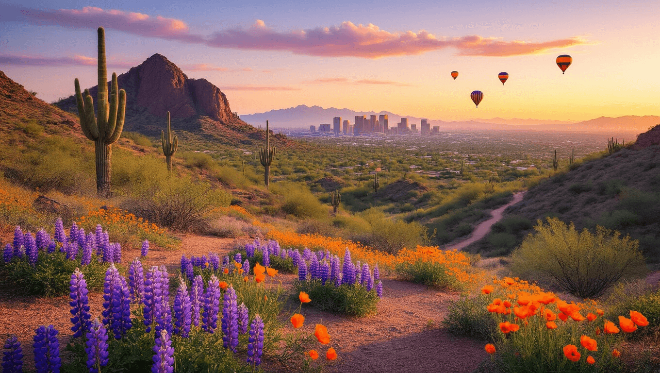 "Panoramic view of Phoenix's desert landscape featuring Camelback Mountain, blooming wildflowers, saguaro cacti, city skyline in soft sunlight, hiking trails, and hot air balloons at golden hour in April."