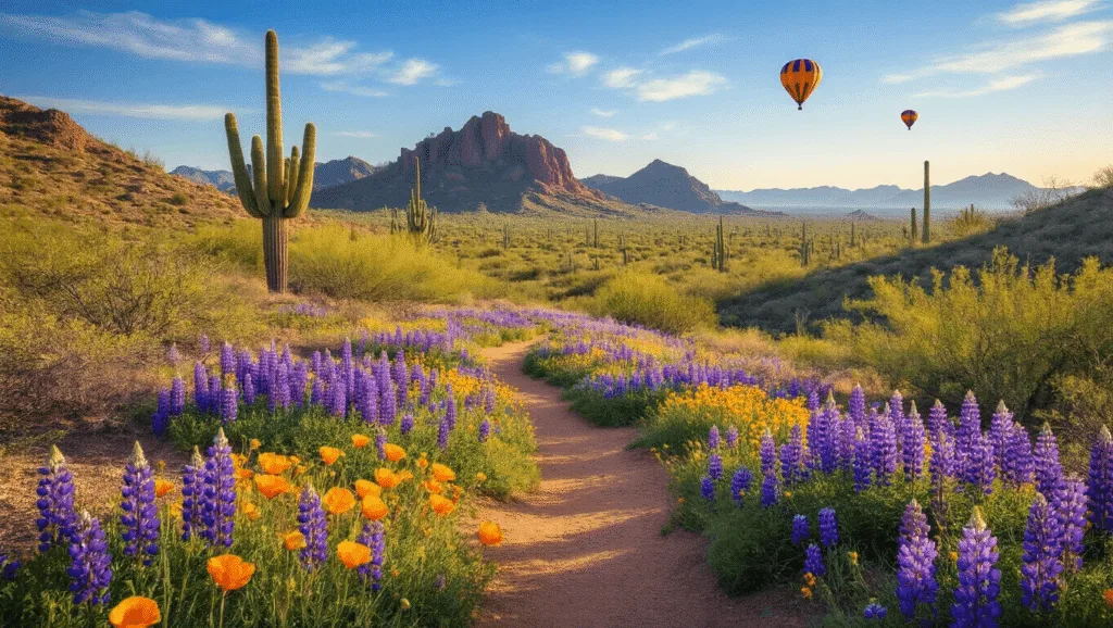 "Panoramic view of Sonoran Desert in March featuring purple lupines, golden poppies, Saguaro cacti, a hiking trail, and Camelback Mountain under a clear blue sky, with distant hot air balloons."