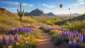 "Panoramic view of Sonoran Desert in March featuring purple lupines, golden poppies, Saguaro cacti, a hiking trail, and Camelback Mountain under a clear blue sky, with distant hot air balloons."