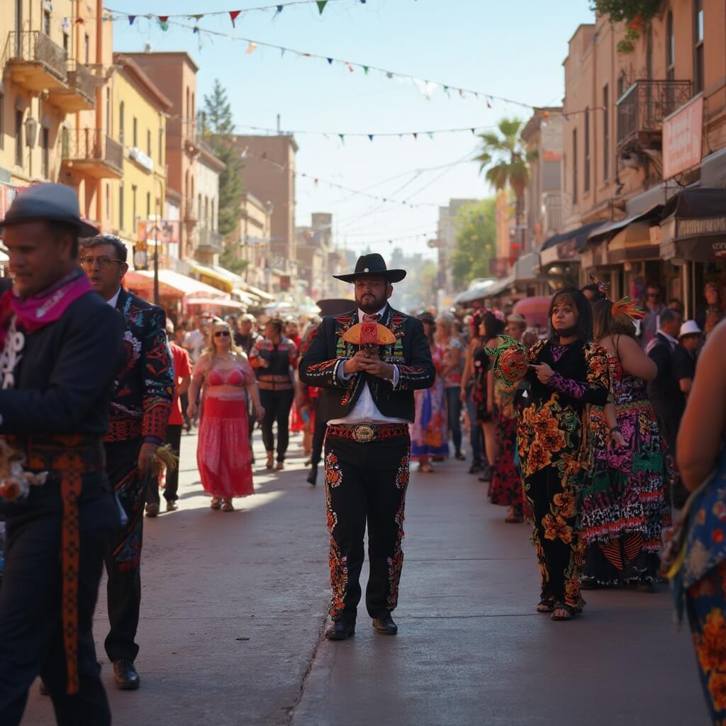 Bustling street festival in Phoenix, people enjoying mariachi performers in vibrant Mexican attire, amidst historic adobe-style buildings under bright sunlight embodying a festive cultural celebration atmosphere