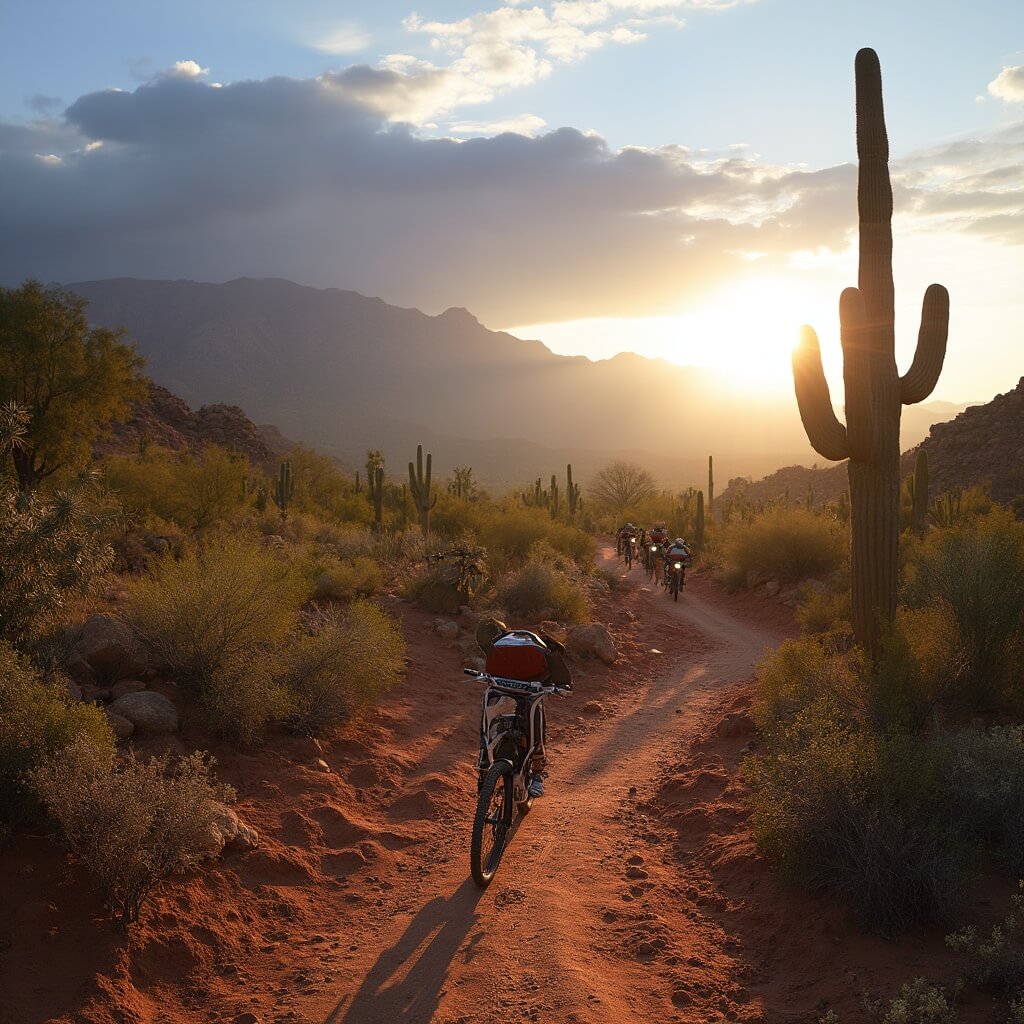 Mountain bikers navigating trails among saguaro cacti in South Mountain Park, Phoenix under golden morning sunlight with distant purple mountains and dramatic clouds.